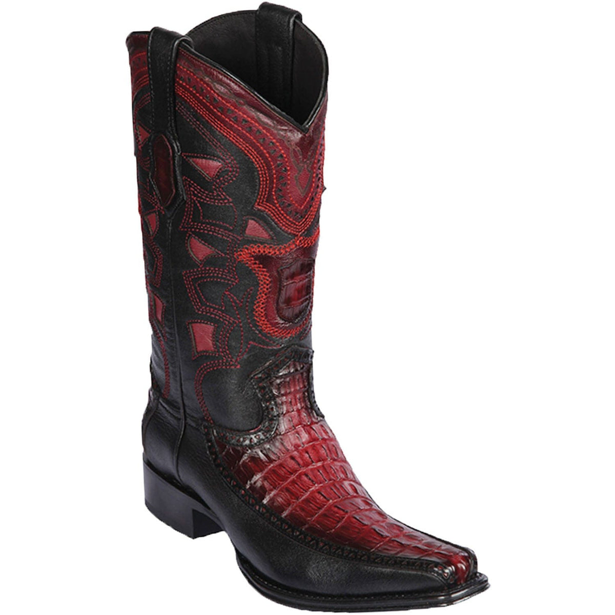 Men's genuine Caiman Tail And Deer Skin European Square Toe Boots Faded Burgundy Color