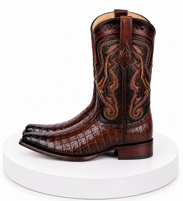 Los Altos Boots Caiman Tail Faded Brown Pointed Toe Cowboy Boots