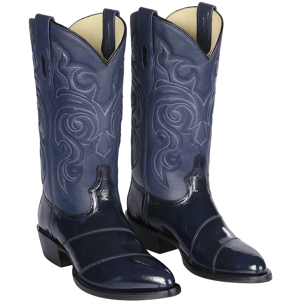 Los Altos Boots - Mens Dress Cowboy Boot - Low Priced Navy Blue Eel-Skin Boots- in Navy Blue