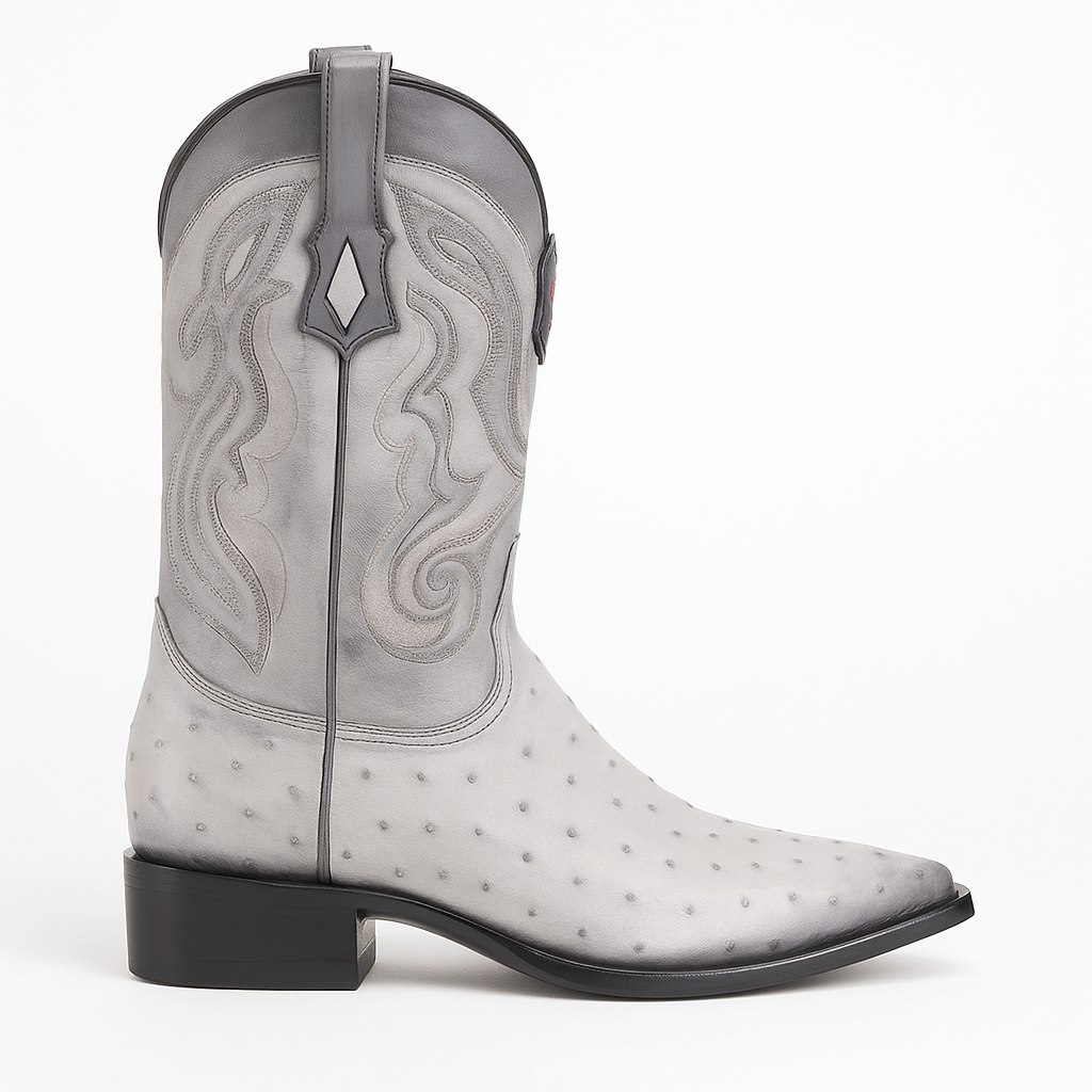 Los Altos Boots Ostrich Faded White Pointed Toe Cowboy Boots - Botas De Avestruz