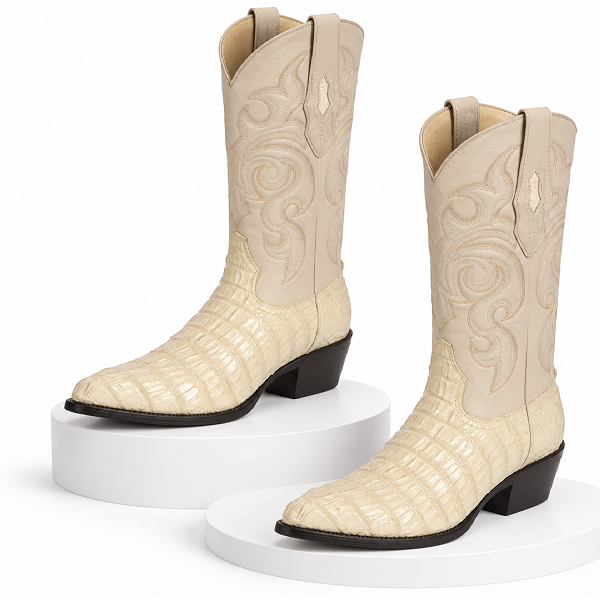 Los Altos Men White Genuine Crocodile Caiman Tail Cowboy J-Toe Boot