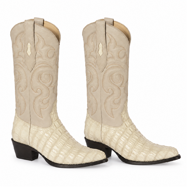 Los Altos Men White Genuine Crocodile Caiman Tail Cowboy J-Toe Boot