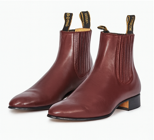 Los Altos Boots Men's Genuine Deer Chelsea Charro Leather Sole Short Boot ~ botines para hombre Burgundy ~ Wine ~ Maroon Color