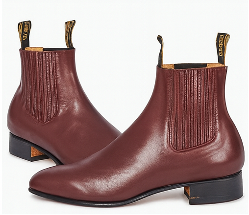 Los Altos Boots Men's Genuine Deer Chelsea Charro Leather Sole Short Boot ~ botines para hombre Burgundy ~ Wine ~ Maroon Color