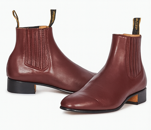 Los Altos Boots Men's Genuine Deer Chelsea Charro Leather Sole Short Boot ~ botines para hombre Burgundy ~ Wine ~ Maroon Color