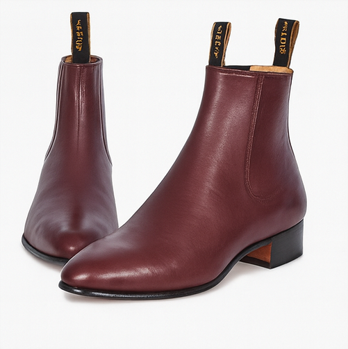 Los Altos Boots Men's Genuine Deer Chelsea Charro Leather Sole Short Boot ~ botines para hombre Burgundy ~ Wine ~ Maroon Color
