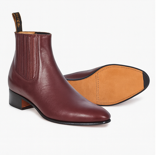 Los Altos Boots Men's Genuine Deer Chelsea Charro Leather Sole Short Boot ~ botines para hombre Burgundy ~ Wine ~ Maroon Color