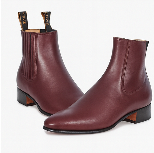 Los Altos Boots Men's Genuine Deer Chelsea Charro Leather Sole Short Boot ~ botines para hombre Burgundy ~ Wine ~ Maroon Color