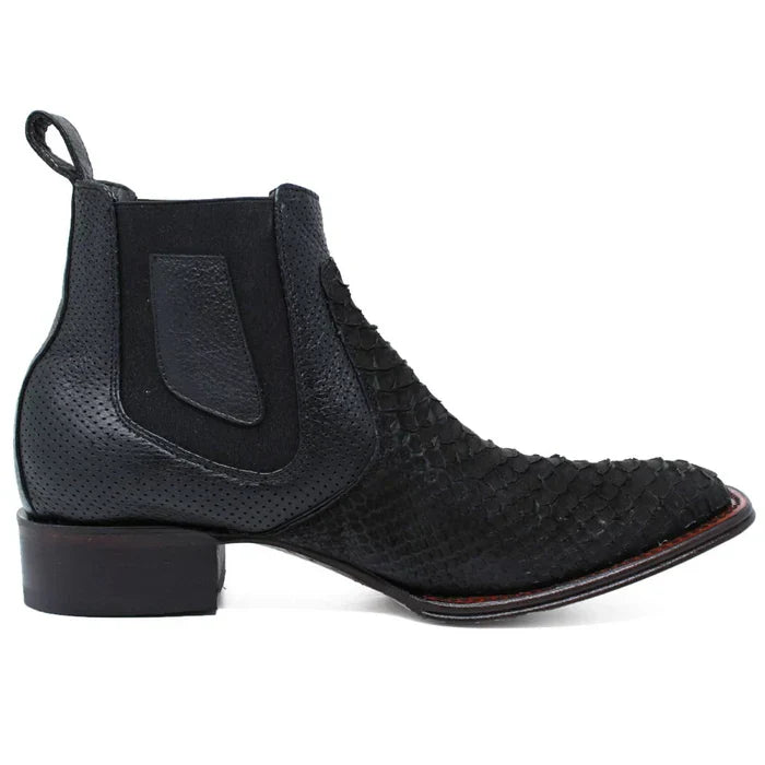 Python Skin Square Toe Ankle Boots - Black