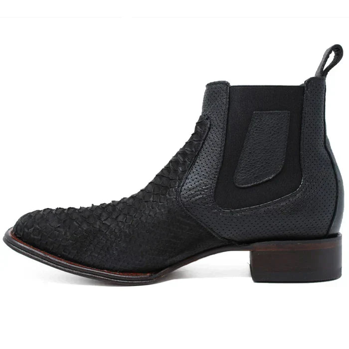 Python Skin Square Toe Ankle Boots - Black