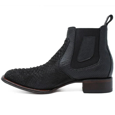 Python Skin Square Toe Black Ankle Boots