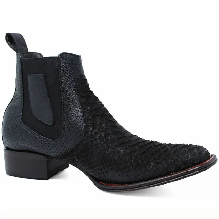 Python Skin Square Toe Ankle Boots - Black