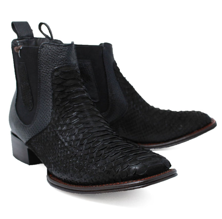 Python Skin Square Toe Ankle Boots by Los Altos