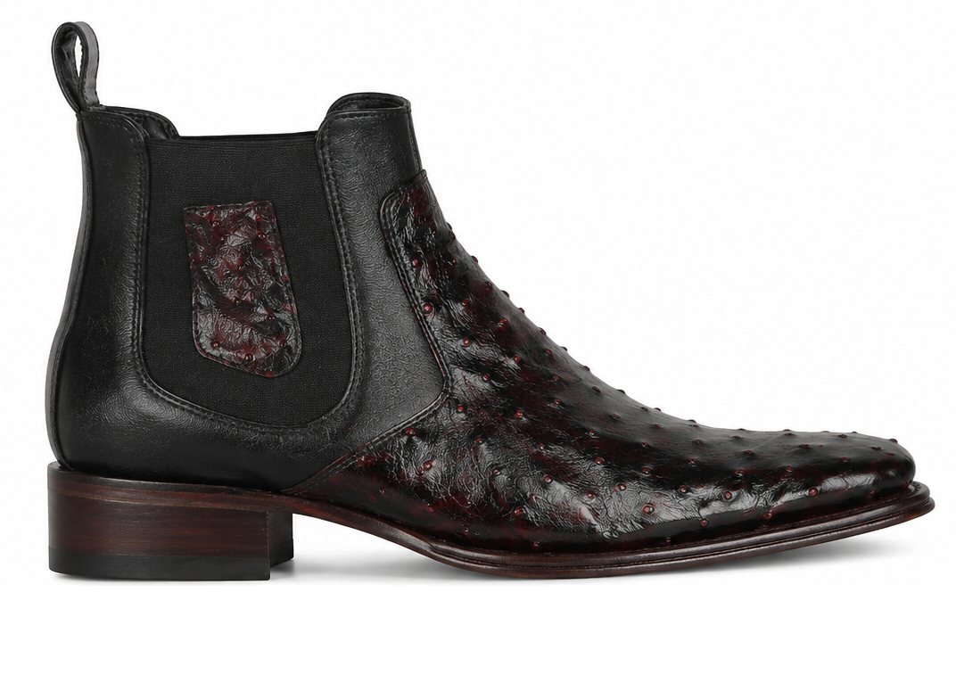 Wide Square Toe Ostrich Short Boots - Black Cherry