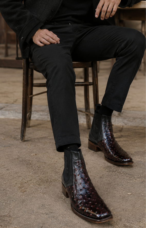 Wide Square Toe Ostrich Short Boots - Black Cherry