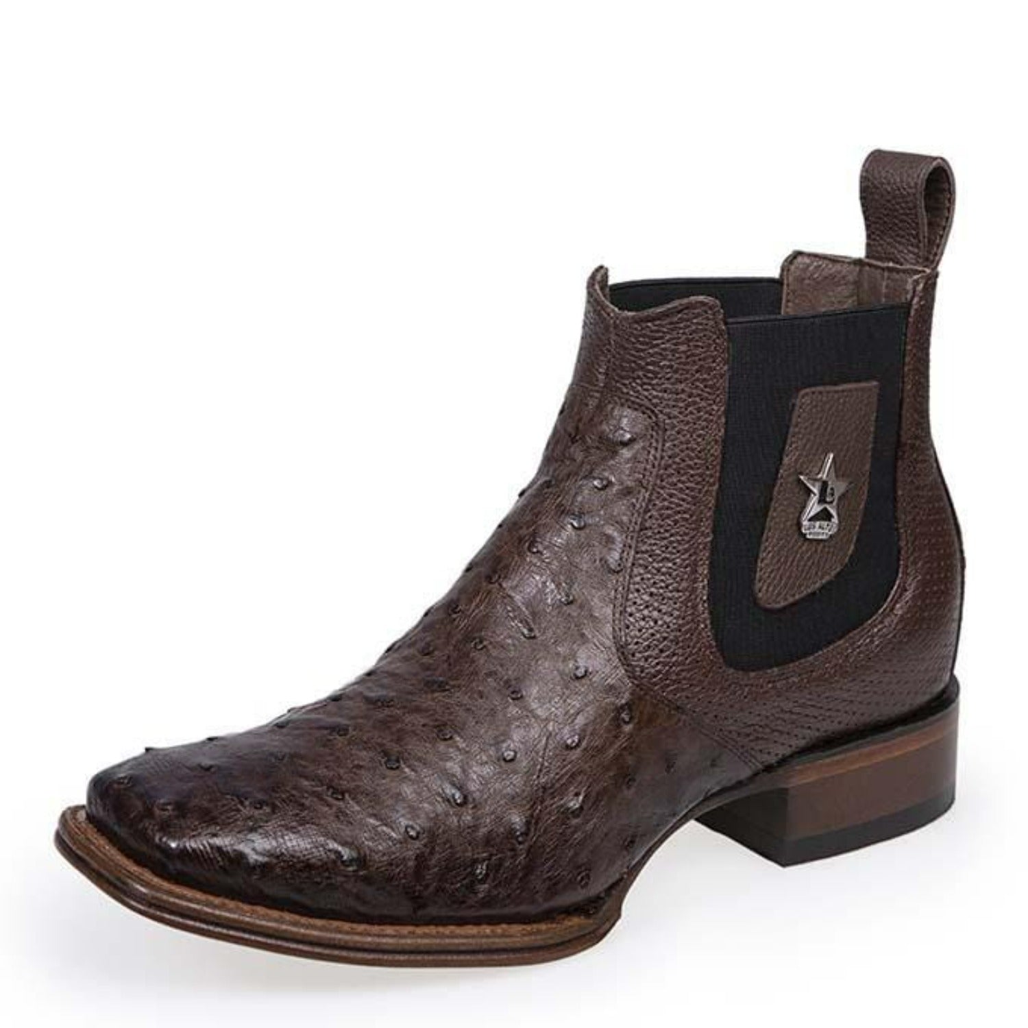 Men's Wide Square Toe Ostrich Boots Brown