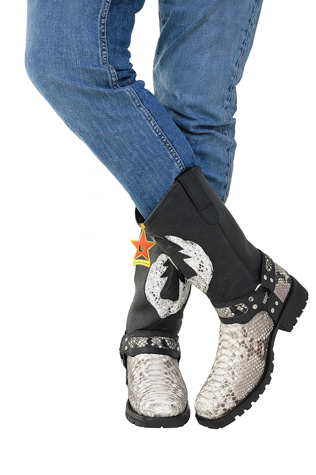 Los Altos Natural Black Python Biker Boots