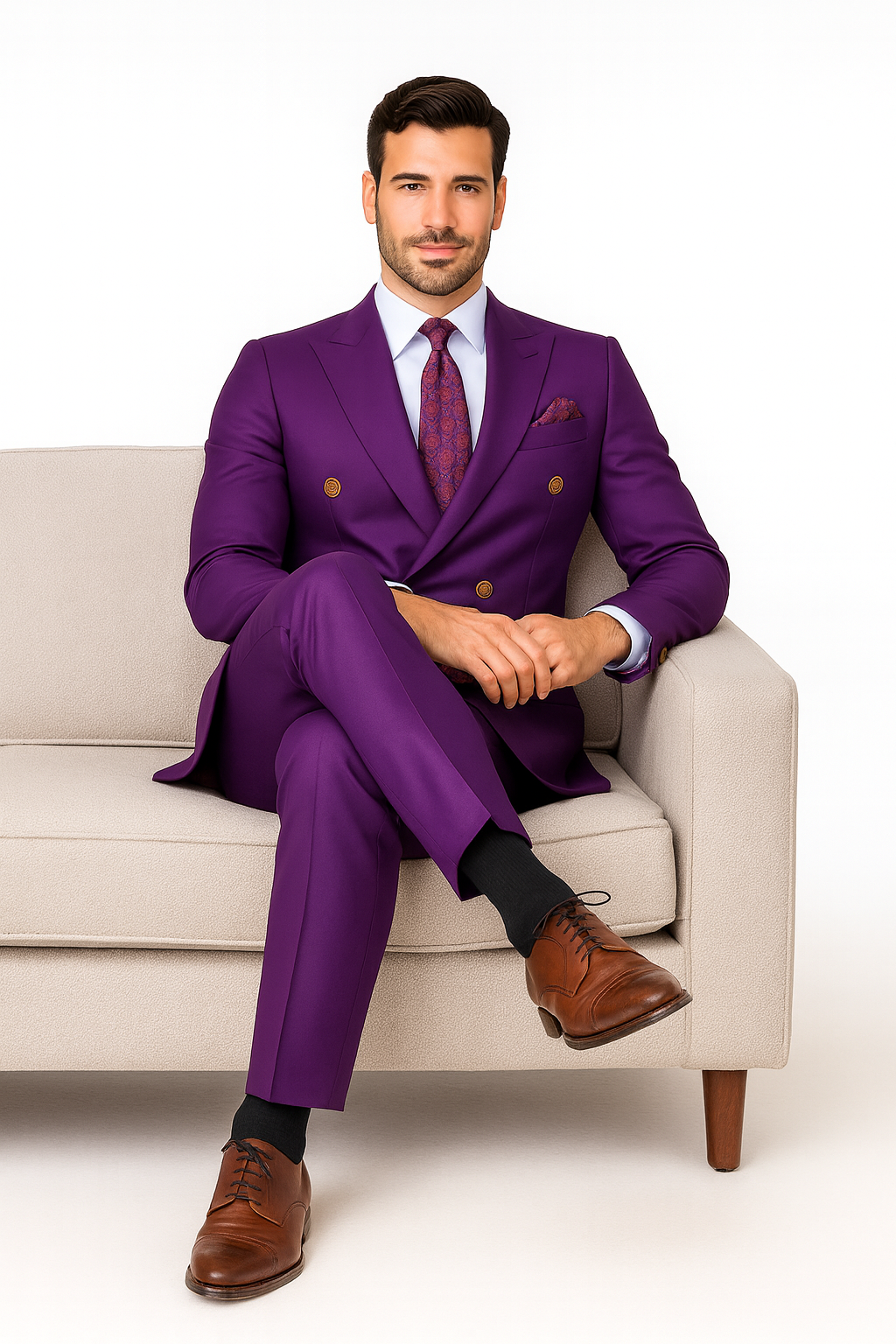 Double Breasted Wool Suit with Gold Buttons - Purple