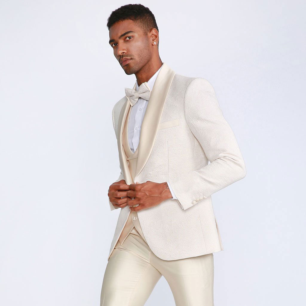 Ivory Shawl Tuxedo with Fancy Pattern Four Piece Set - Wedding - Prom