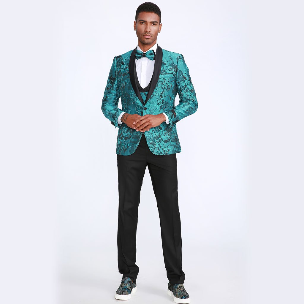 Turquoise Floral Tuxedo with Shawl Lapel β 4 Piece Set