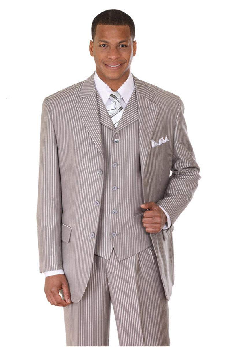 Grey Tonal Stripe 3-Button Suit with Vest