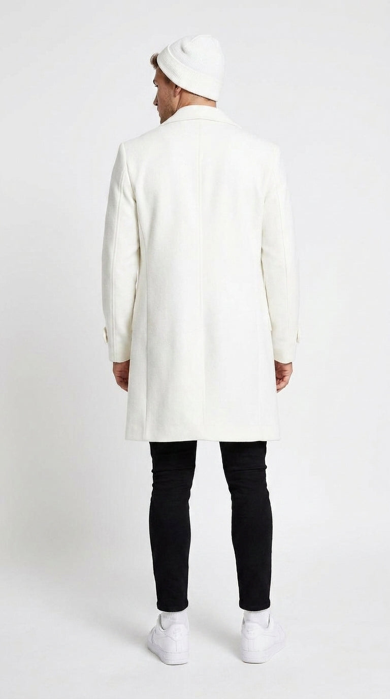 Men’s White Cashmere and Wool Double-Breasted Overcoat – Classic Car Coat for Business and Formal Wear
