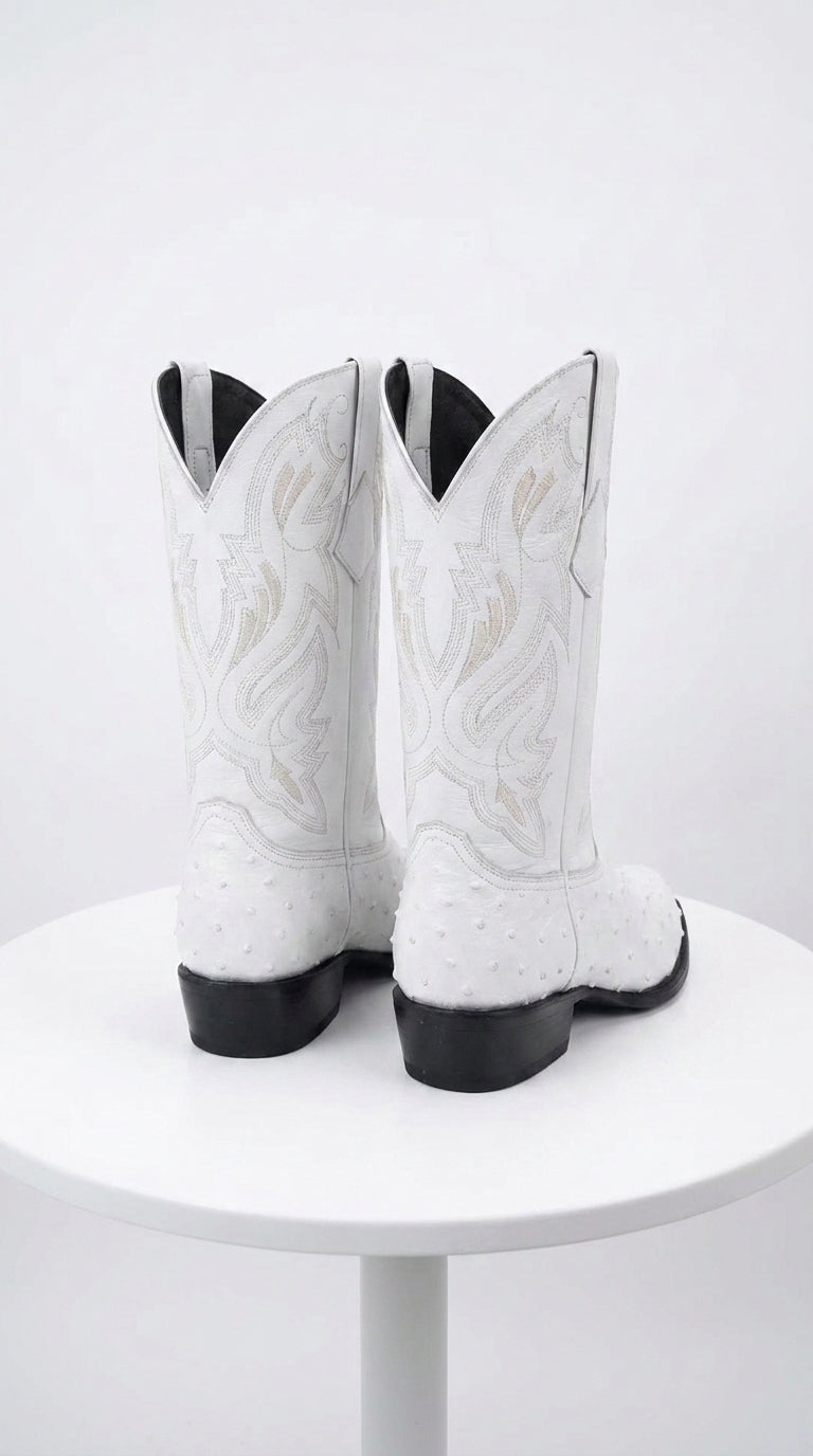 Men’s White Print Ostrich Western Boots, Exotic Cowboy Dress Boots for Wedding and Country Wear