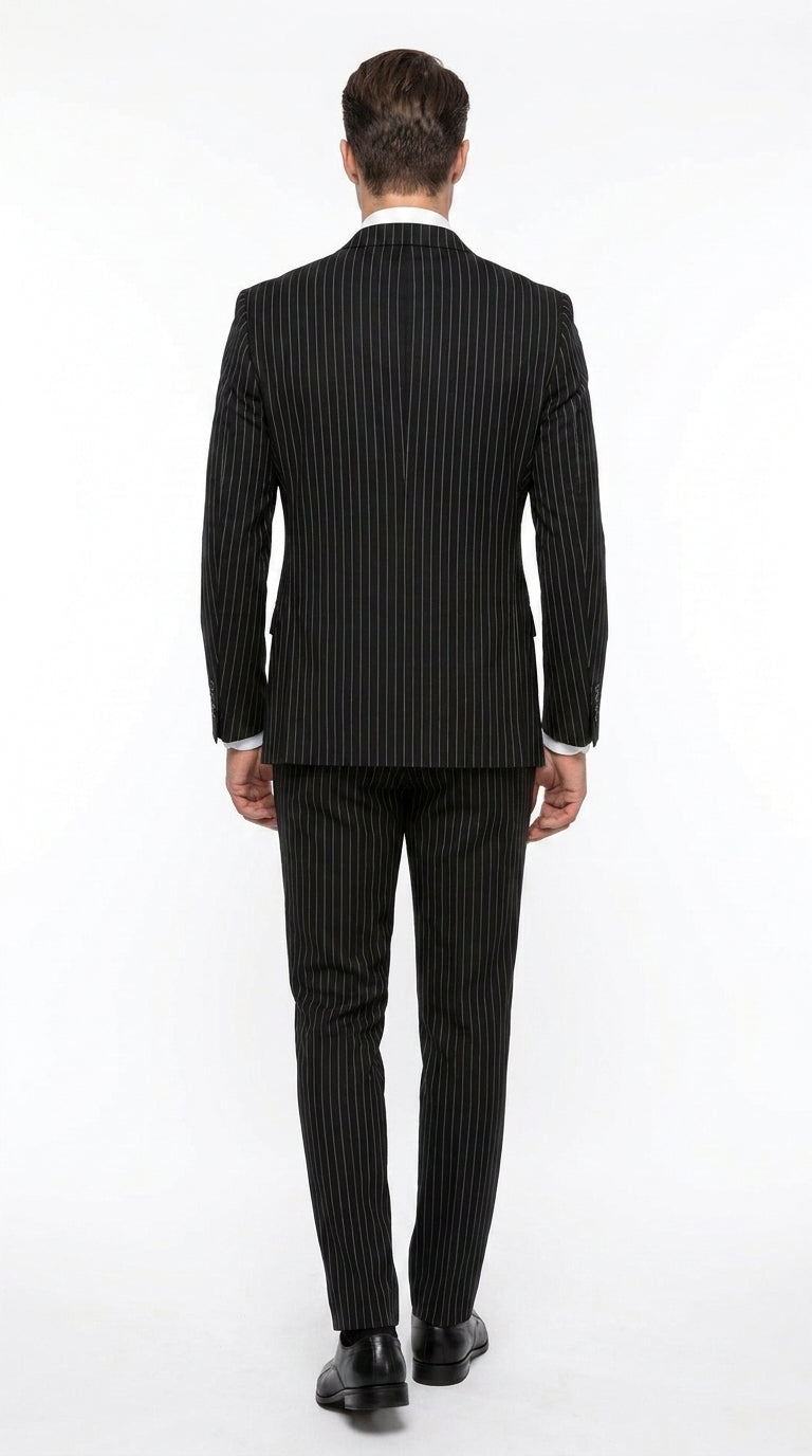 Men’s Black Bold Pinstripe Double-Breasted Wool Suit – Designer Gangster Wedding and Formal Suit