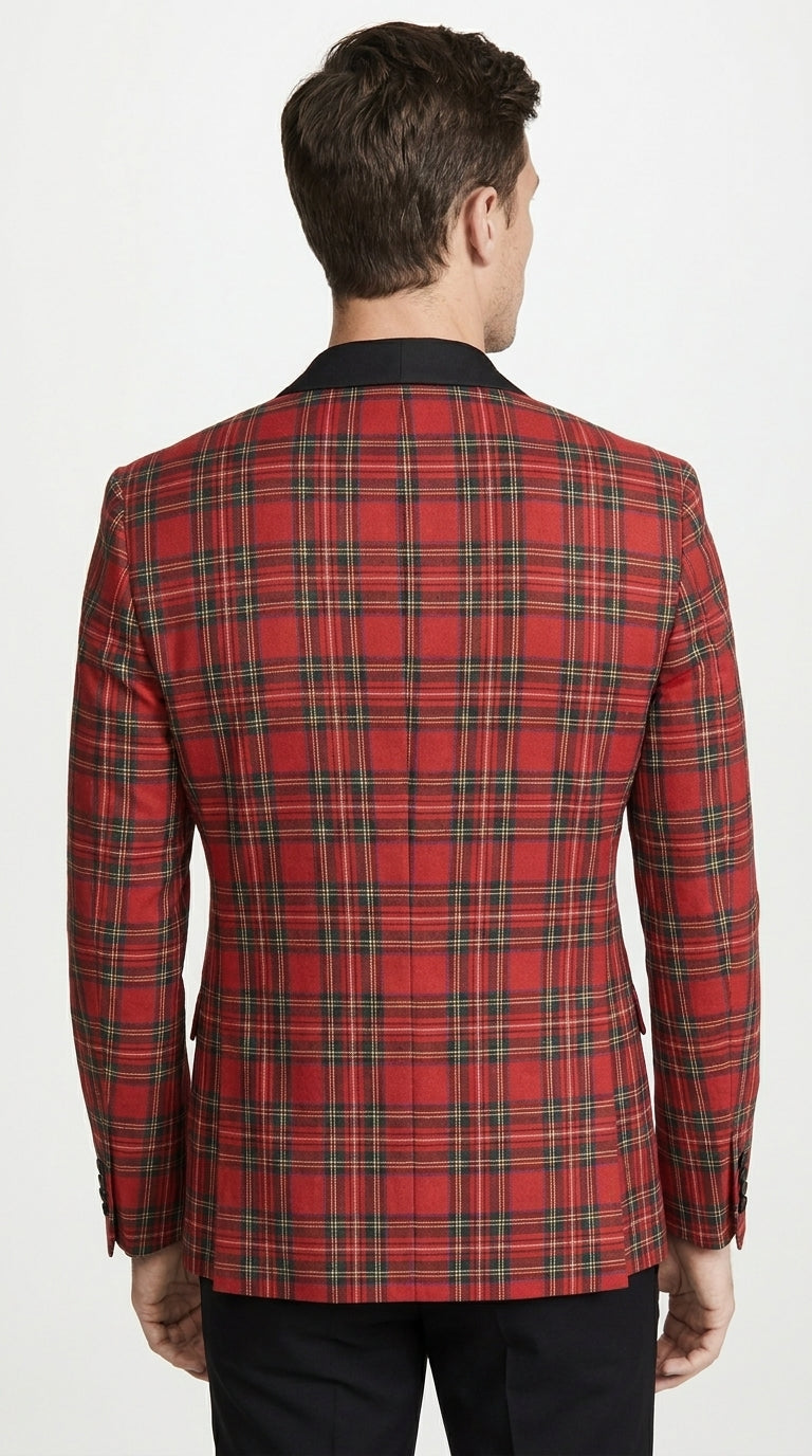 Men’s Red Christmas Plaid Holiday Blazer with Black Shawl Lapel, Formal Party Sport Coat