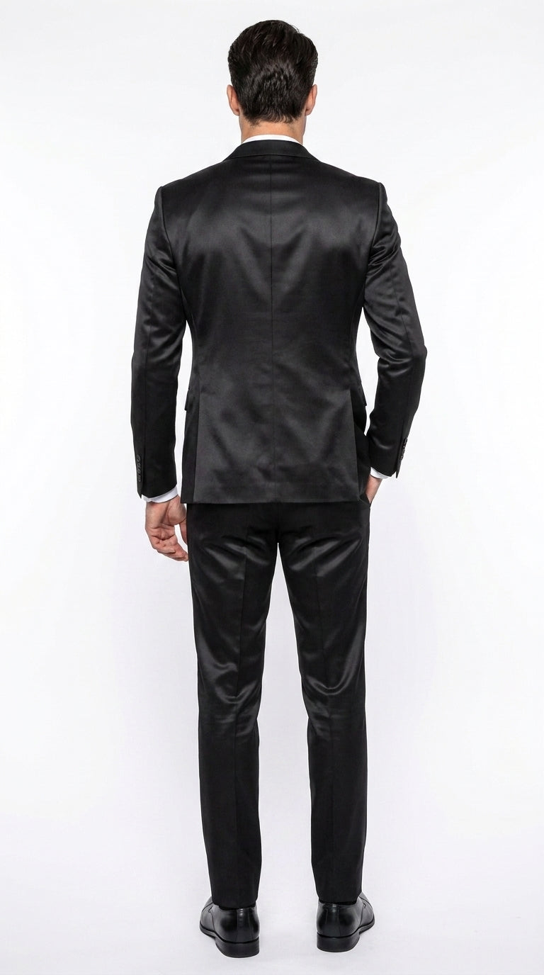 Men’s Black Satin 3 Piece Suit, Formal Wedding Prom Dress Suit with Vest