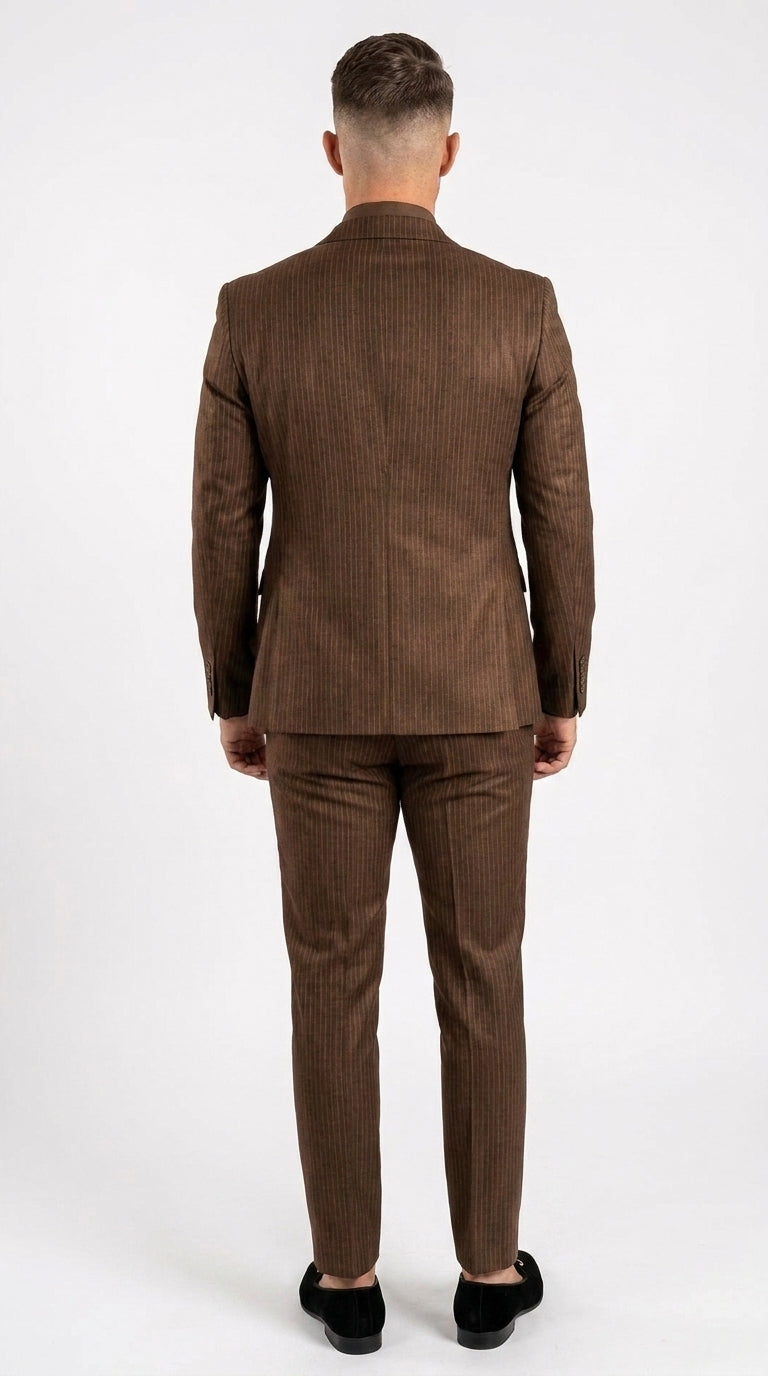 Rossiman Men’s Brown Metallic Pinstripe 4 Piece Suit, Satin Charmeuse Shirt and Tie Set