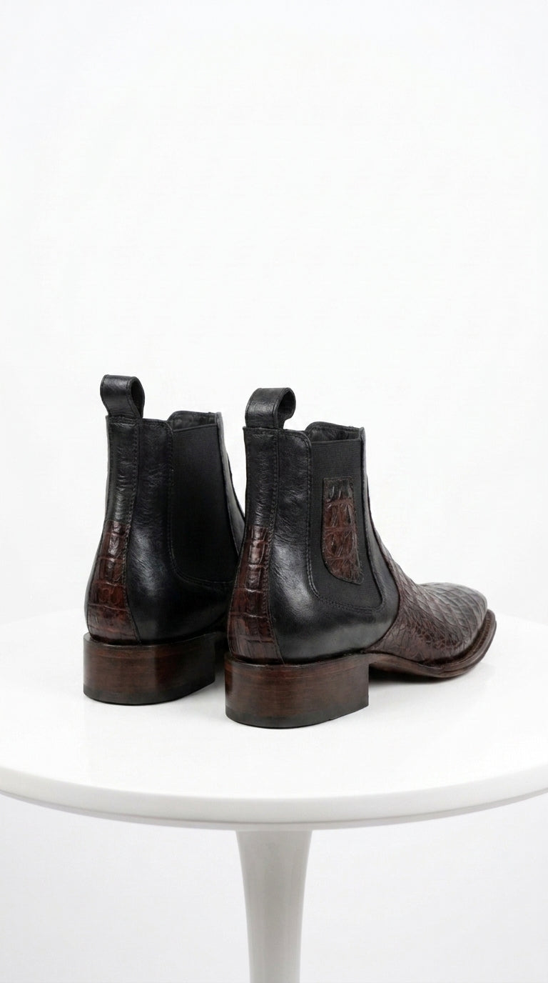 Men’s Black Cherry Short Caiman Boots, Square Toe Exotic Dress Ankle Boots