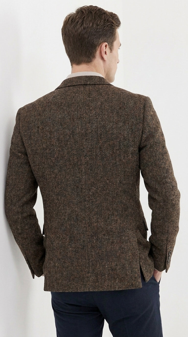 Men’s Dark Brown Tweed Herringbone Blazer, Classic Dress Sport Coat for Wedding and Casual Events