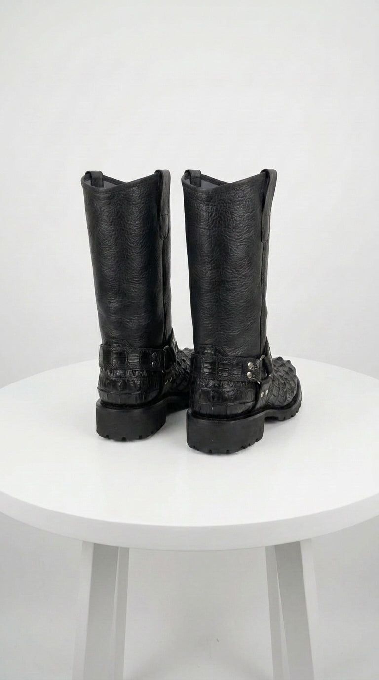 Los Altos Men’s Black Caiman Tail Skin Biker Boots, Exotic Western Motorcycle Boots