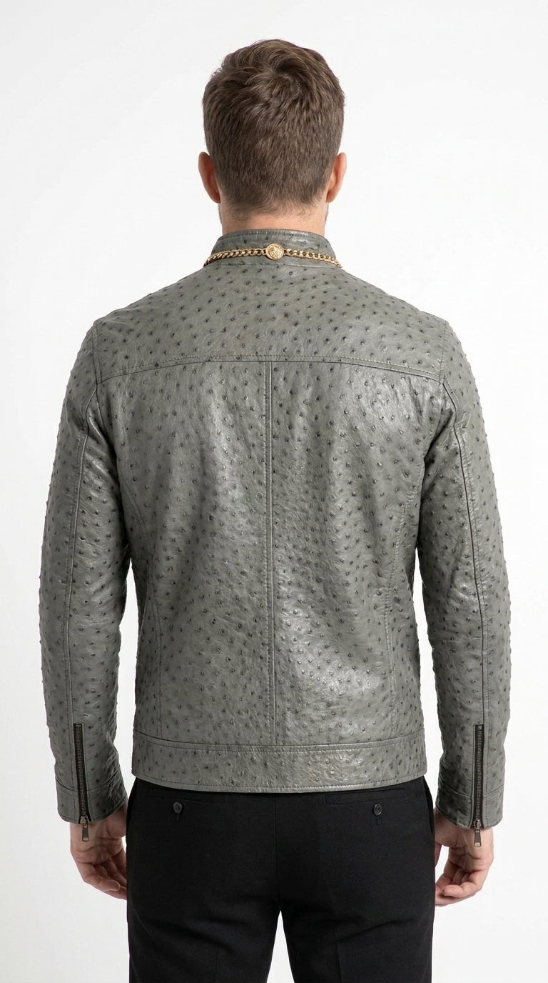 Men’s Grey Ostrich Leather Jacket, Original Fine Exotic Western Dress Jacket