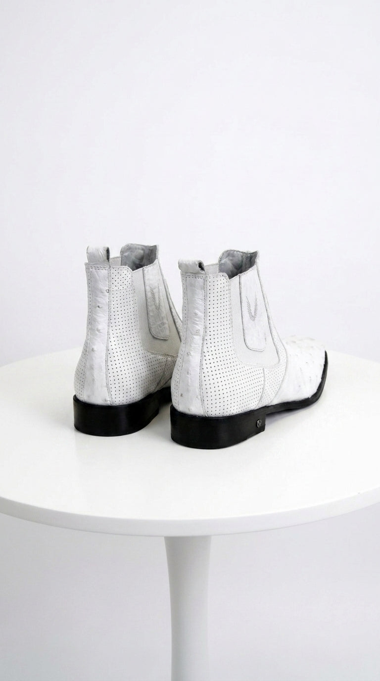 Men’s Handmade White Ostrich Chelsea Boots, Exotic Dress Ankle Boots for Formal and Western Style