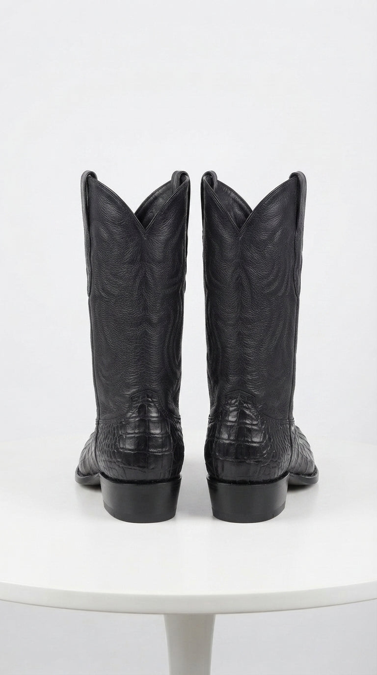 Men’s Black Alligator Print Snip Toe Boots, Exotic Western Cowboy Dress Boots