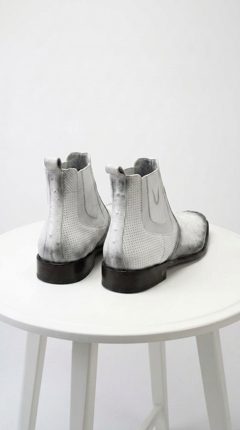 Men’s Faded White Ostrich Chelsea Boots, Exotic Dress Ankle Boots for Formal and Western Style