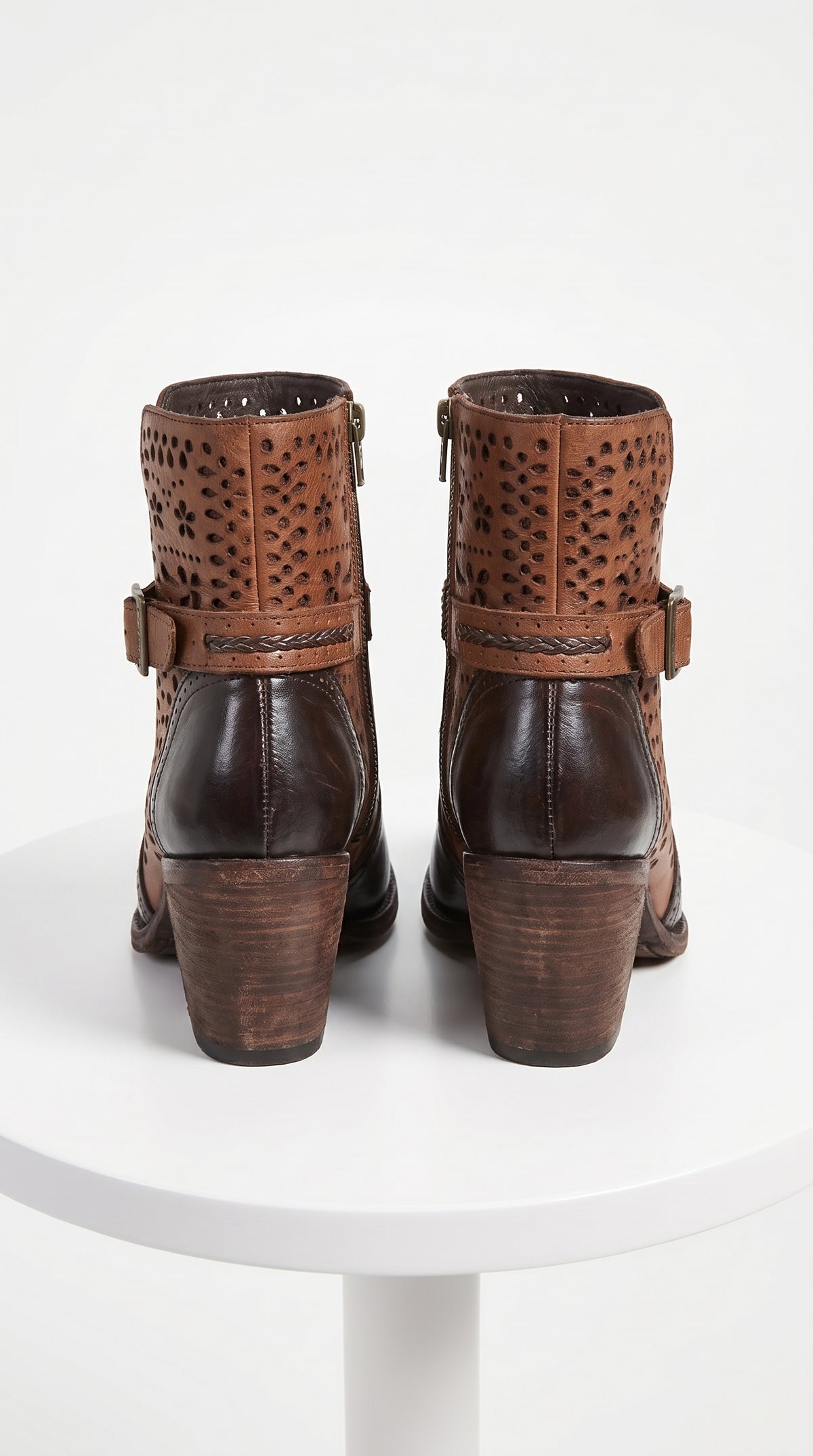 Women’s Quincy Brown Leather Ankle Boots, Oval Toe Short Fashion Boots with Buckle Detail