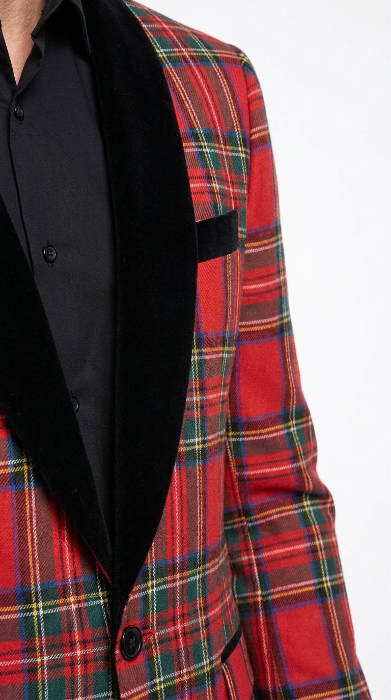 Men’s Red Tartan Plaid Shawl Lapel Holiday Blazer, PLAID-235 Formal Dinner Jacket