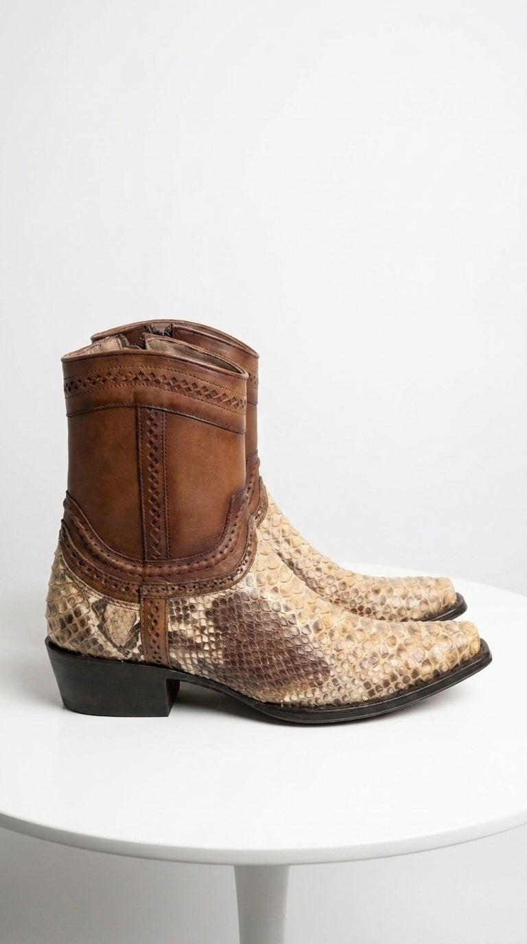 Men’s Natural Python Skin European Toe Short Boots, Brown Western Dress Ankle Boots