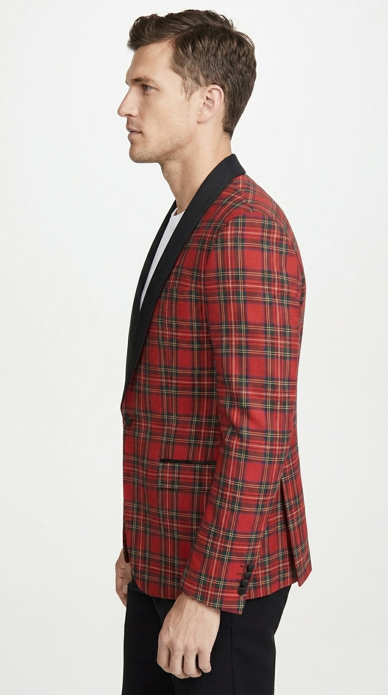 Men’s Red Christmas Plaid Holiday Blazer with Black Shawl Lapel, Formal Party Sport Coat