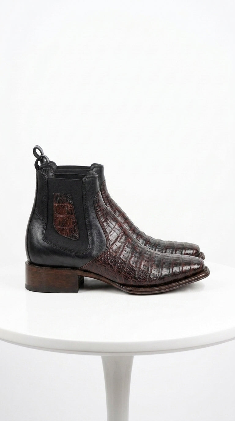 Men’s Black Cherry Short Caiman Boots, Square Toe Exotic Dress Ankle Boots