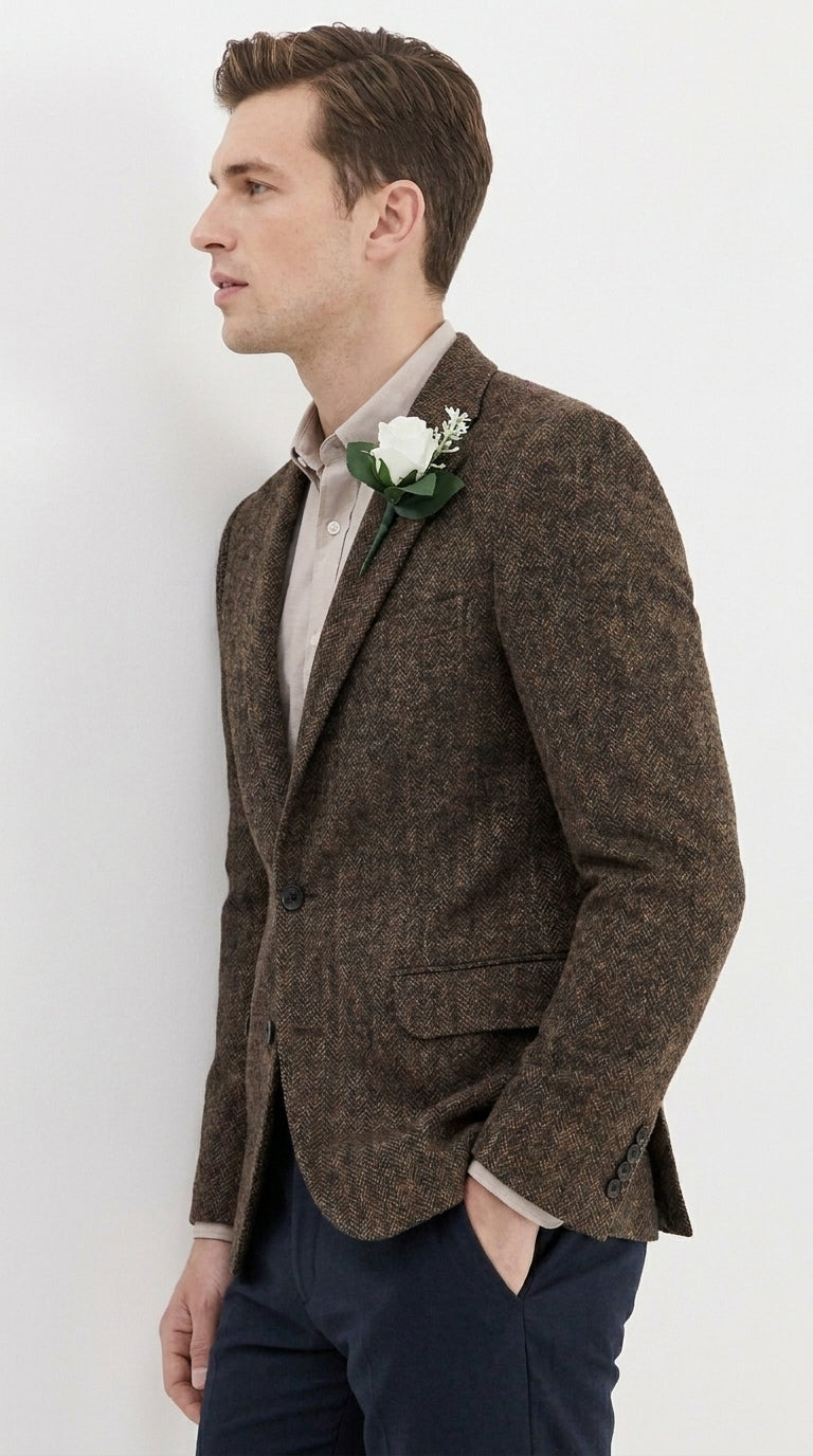 Men’s Dark Brown Tweed Herringbone Blazer, Classic Dress Sport Coat for Wedding and Casual Events