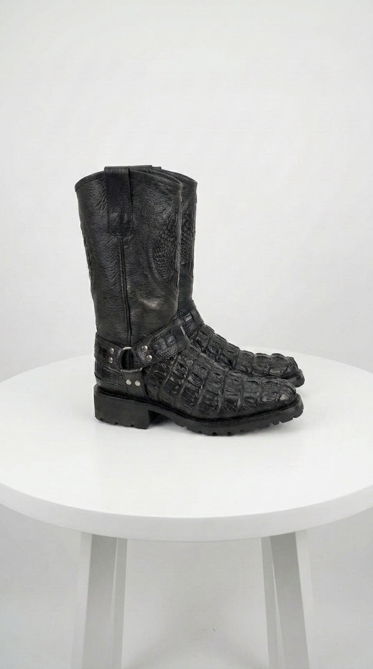 Los Altos Men’s Black Caiman Tail Skin Biker Boots, Exotic Western Motorcycle Boots