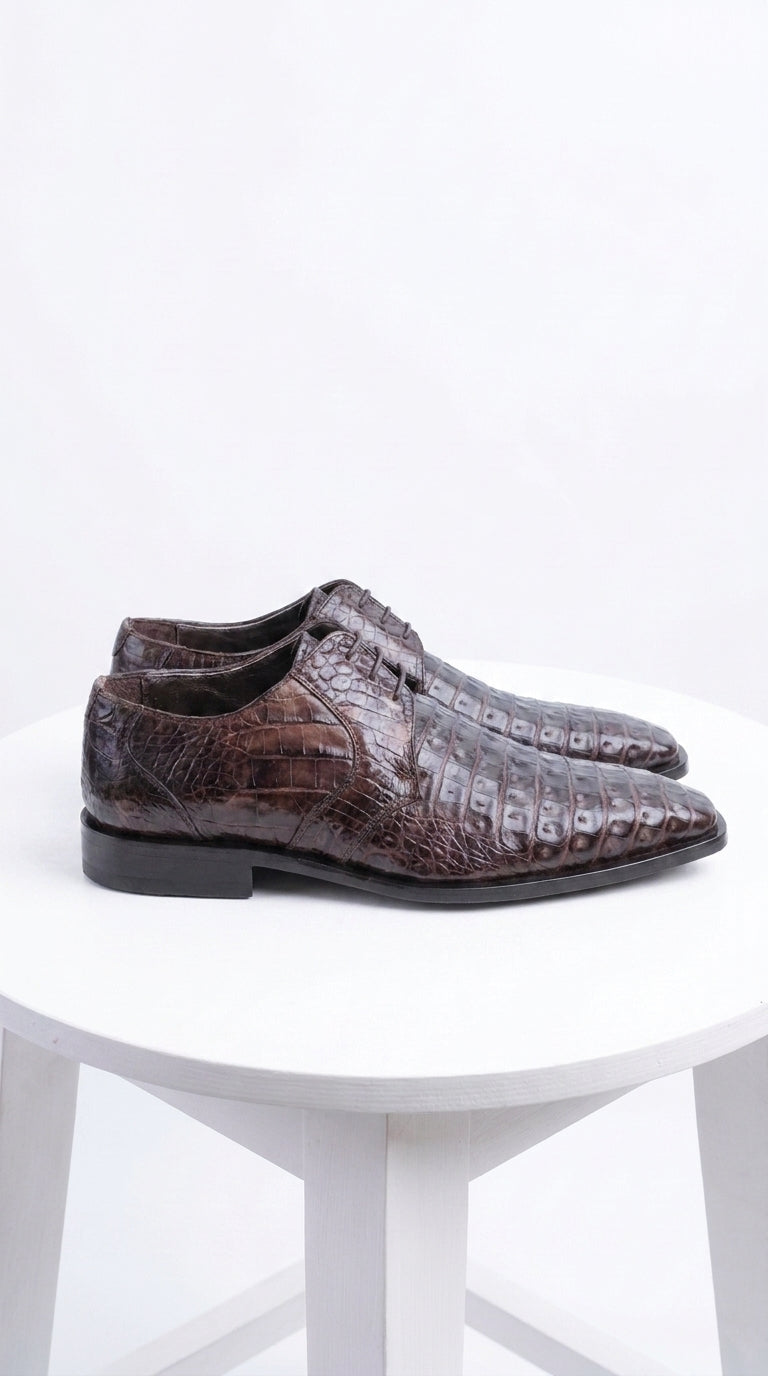 Men’s Brown Crocodile Italian Gator Shoes, Exotic Lace-Up Formal Dress Shoes