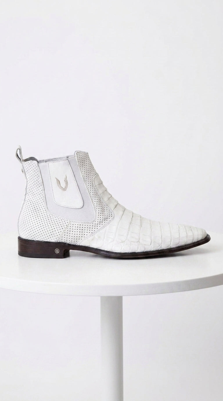 Men’s White Caiman Chelsea Boots, Handmade Exotic Dress Ankle Boots for Formal and Western Style