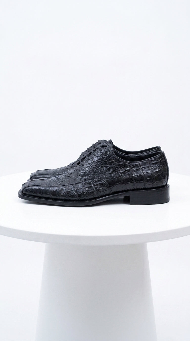 Los Altos Men’s Black Gator Belly Dress Shoes, Exotic Lace-Up Formal Shoes