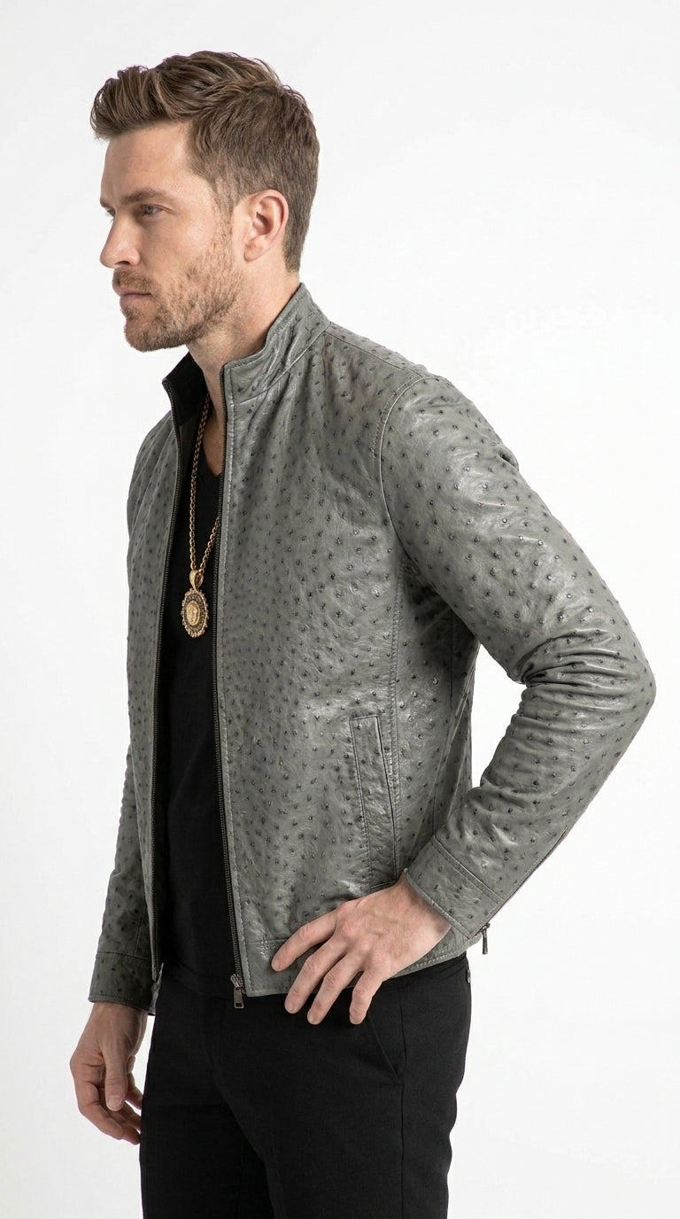 Men’s Grey Ostrich Leather Jacket, Original Fine Exotic Western Dress Jacket