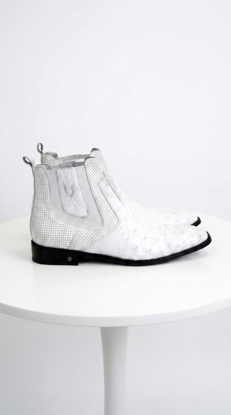 Men’s Handmade White Ostrich Chelsea Boots, Exotic Dress Ankle Boots for Formal and Western Style